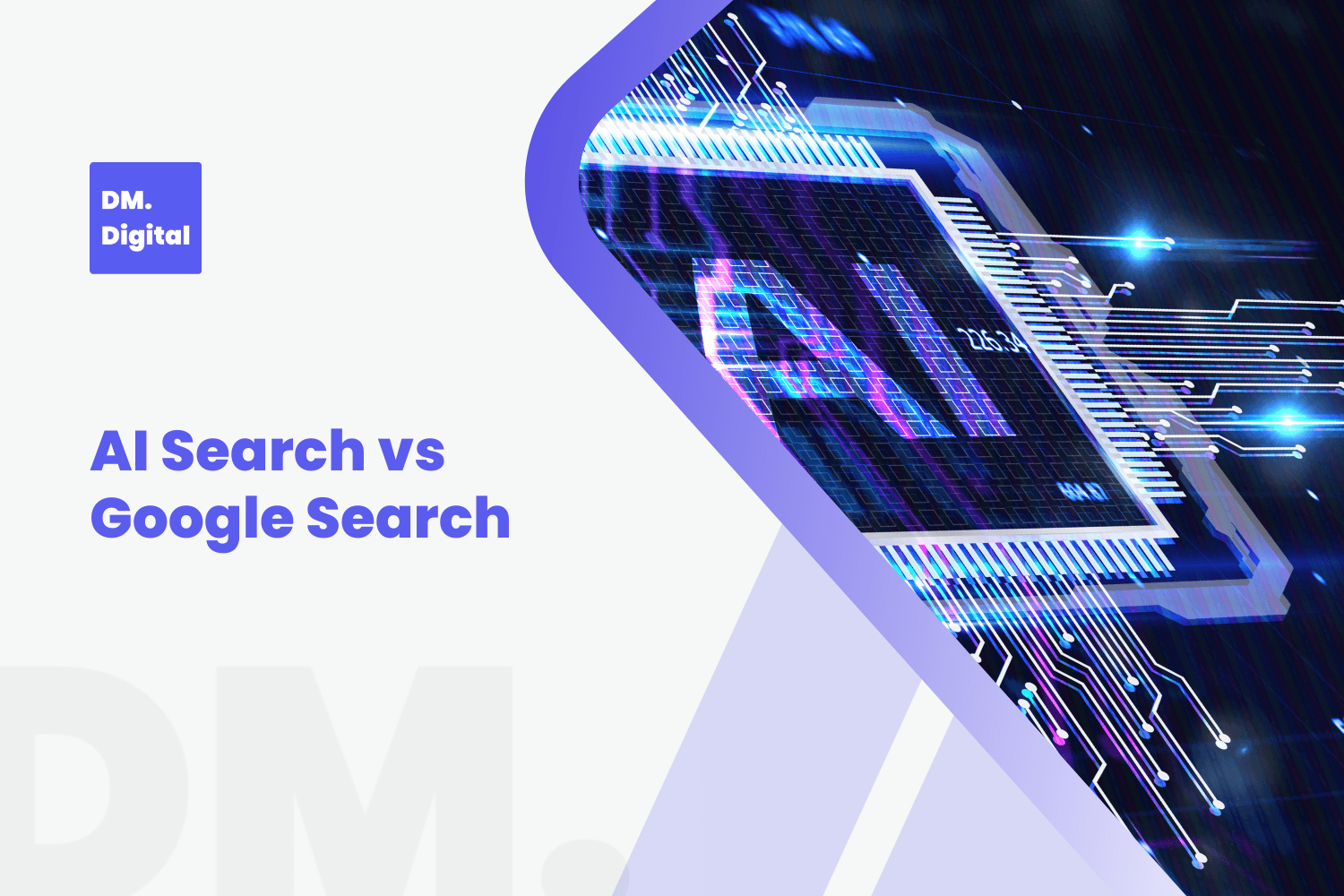 Glowing AI processor chip with circuit board comparing AI search versus Google search