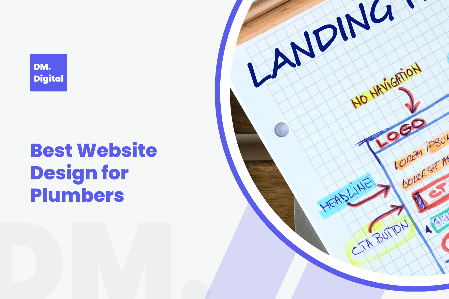 Landing page wireframe sketch showing logo, headline, and CTA button layout for plumbers