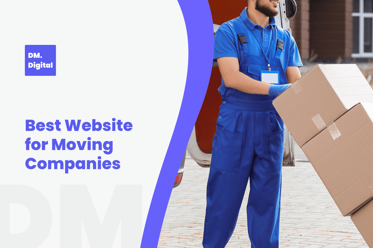 Smiling mover in blue uniform carrying cardboard boxes from delivery truck