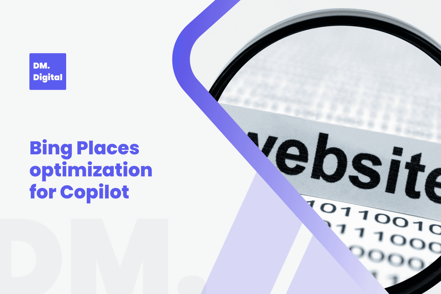 Magnifying glass over website text with binary code, Bing Places Copilot optimization concept