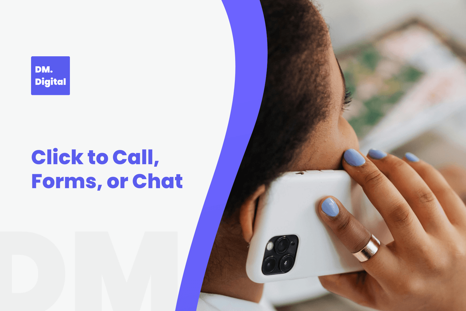 Woman holding white iPhone to ear with blue painted nails, click-to-call concept