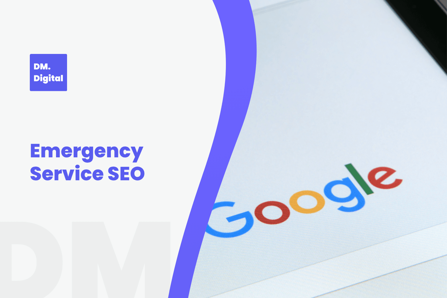DM Digital logo beside Google search engine displayed on a screen