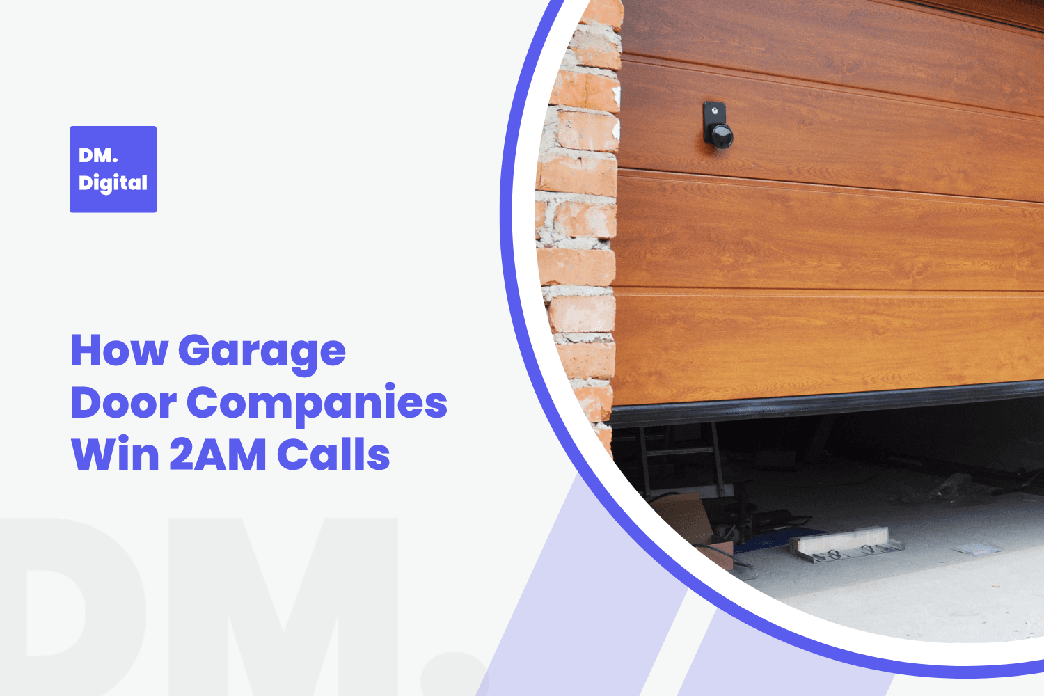 Wooden garage door partially open on brick home for emergency repair