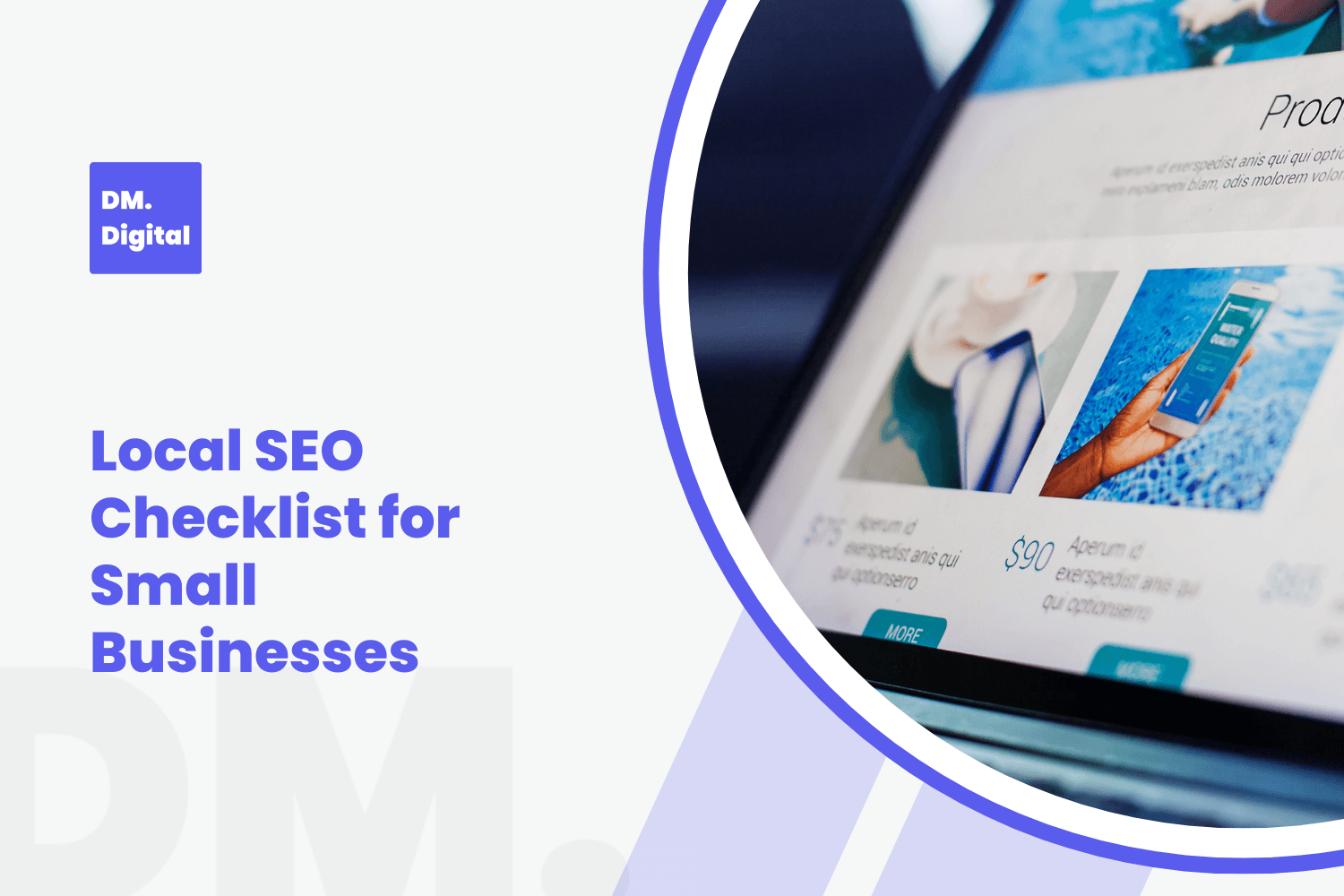 DM Digital branded local SEO checklist graphic featuring a laptop displaying a product website