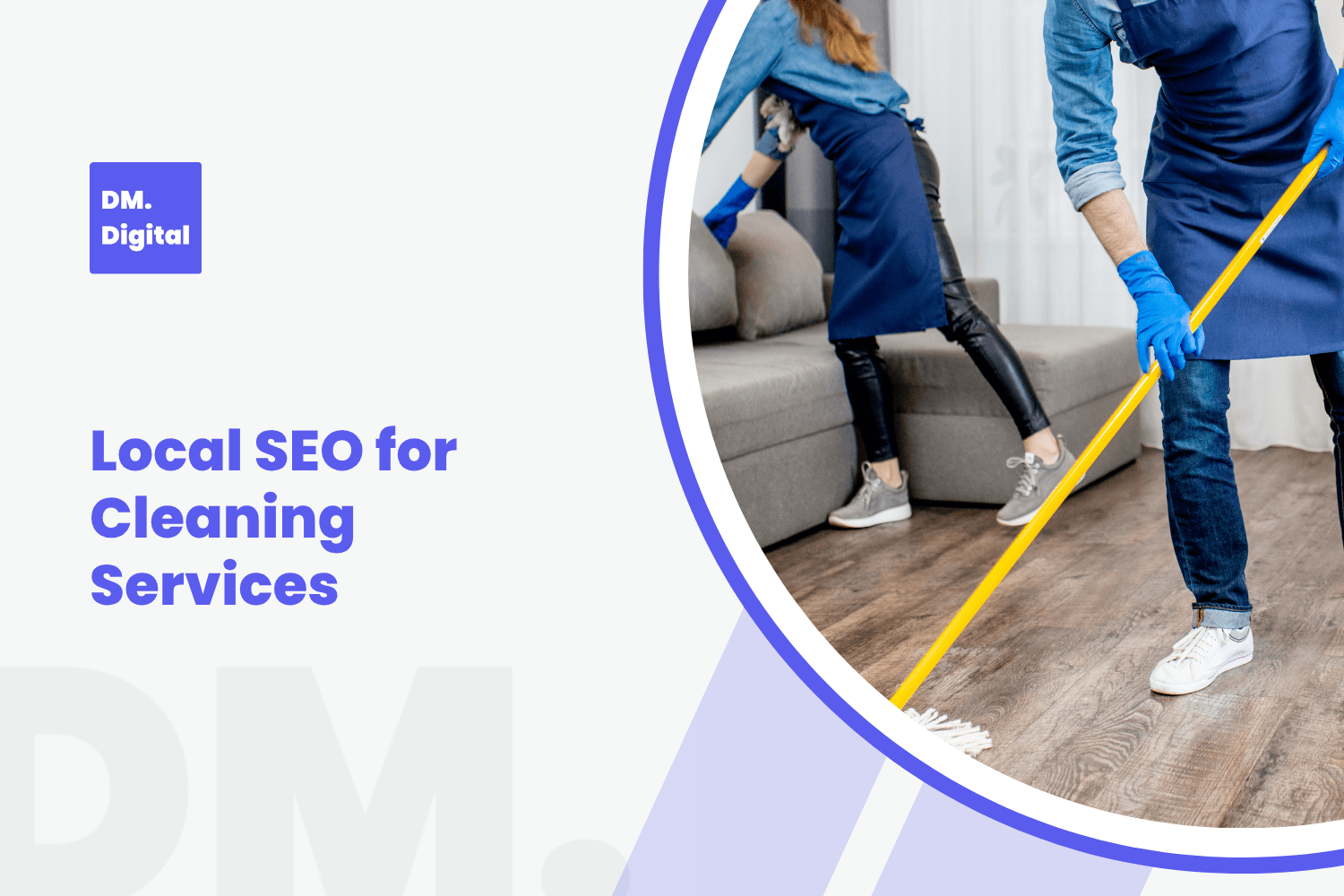 Two professional cleaners in blue aprons mopping floor and cleaning sofa indoors