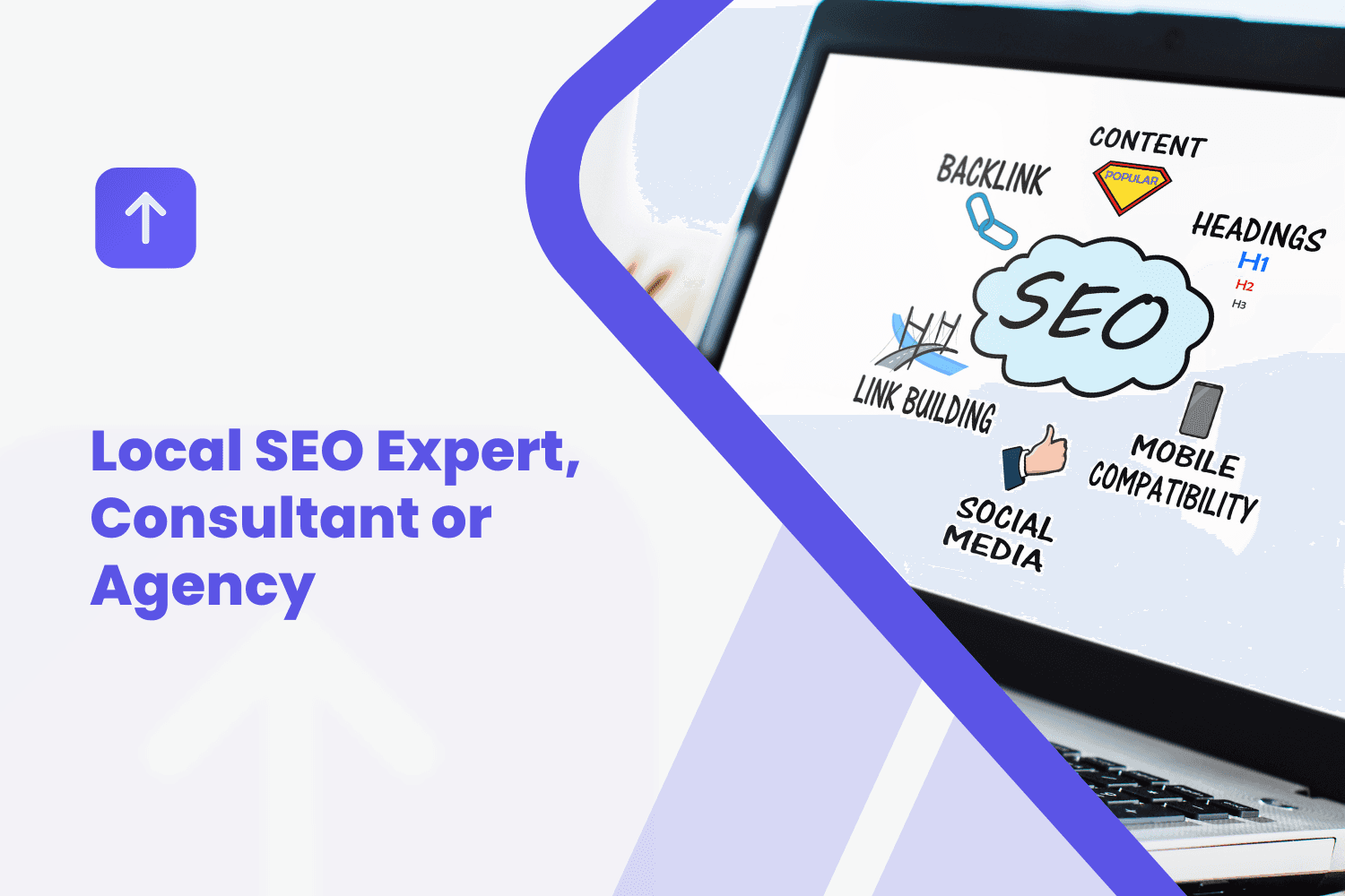 Laptop screen displaying SEO concept map with backlinks, content, headings, and social media
