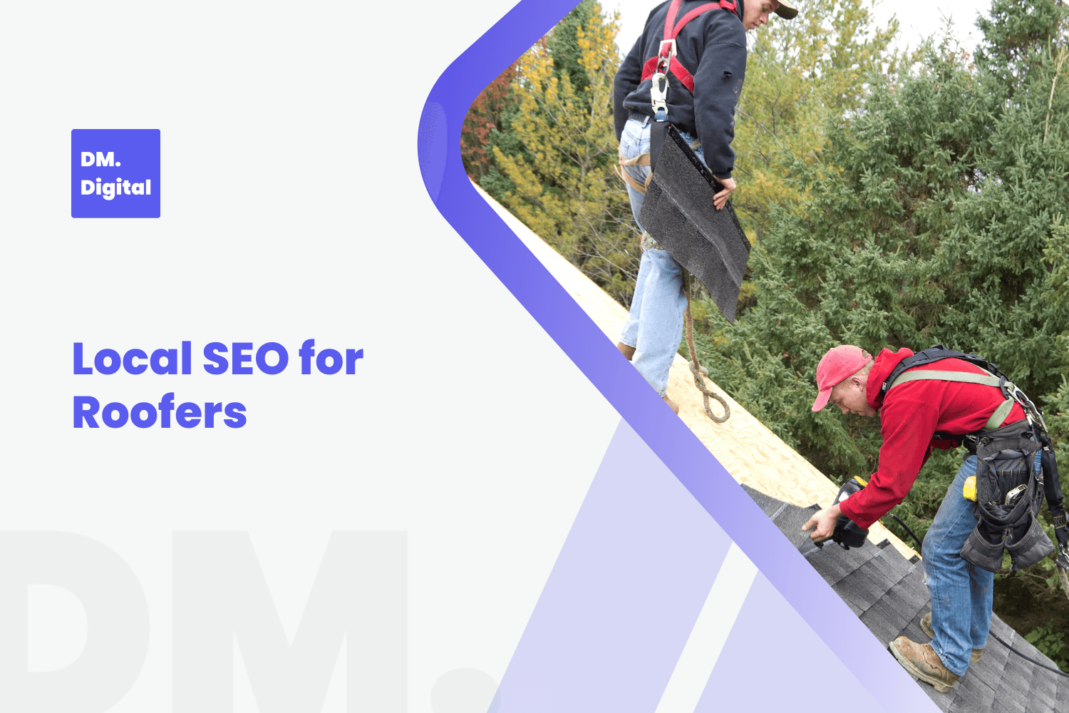 Two roofers installing shingles on a roof with local SEO branding overlay