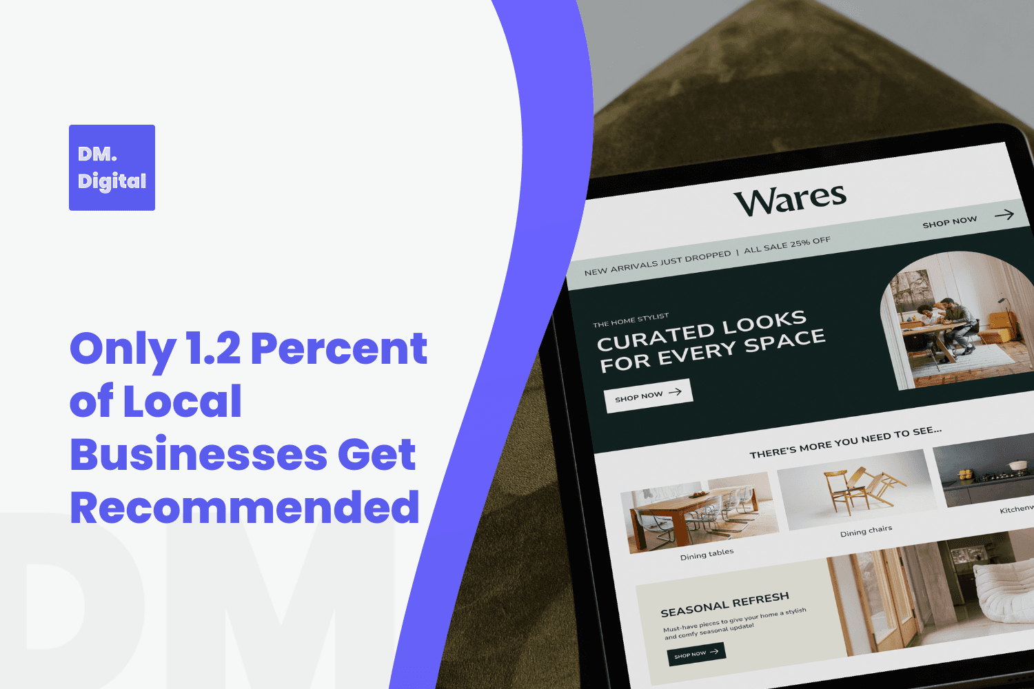 DM Digital branded graphic showing local business website on tablet with AI recommendation statistic