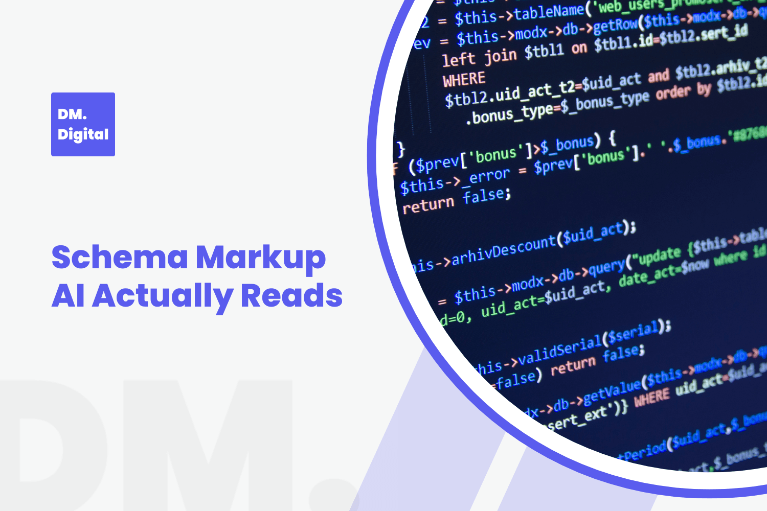 DM Digital schema markup code on screen with AI-readable structured data text