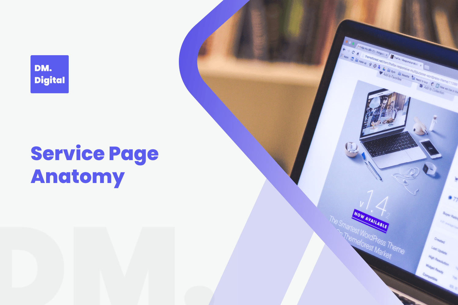 DM Digital branded slide showing Service Page Anatomy title with laptop displaying website