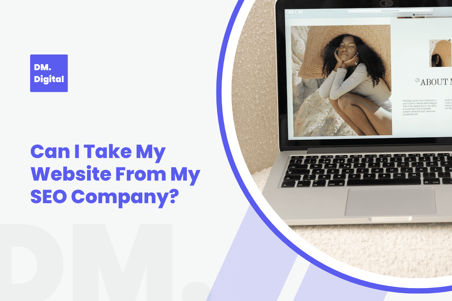 Laptop displaying a model's portfolio website with About Me section visible