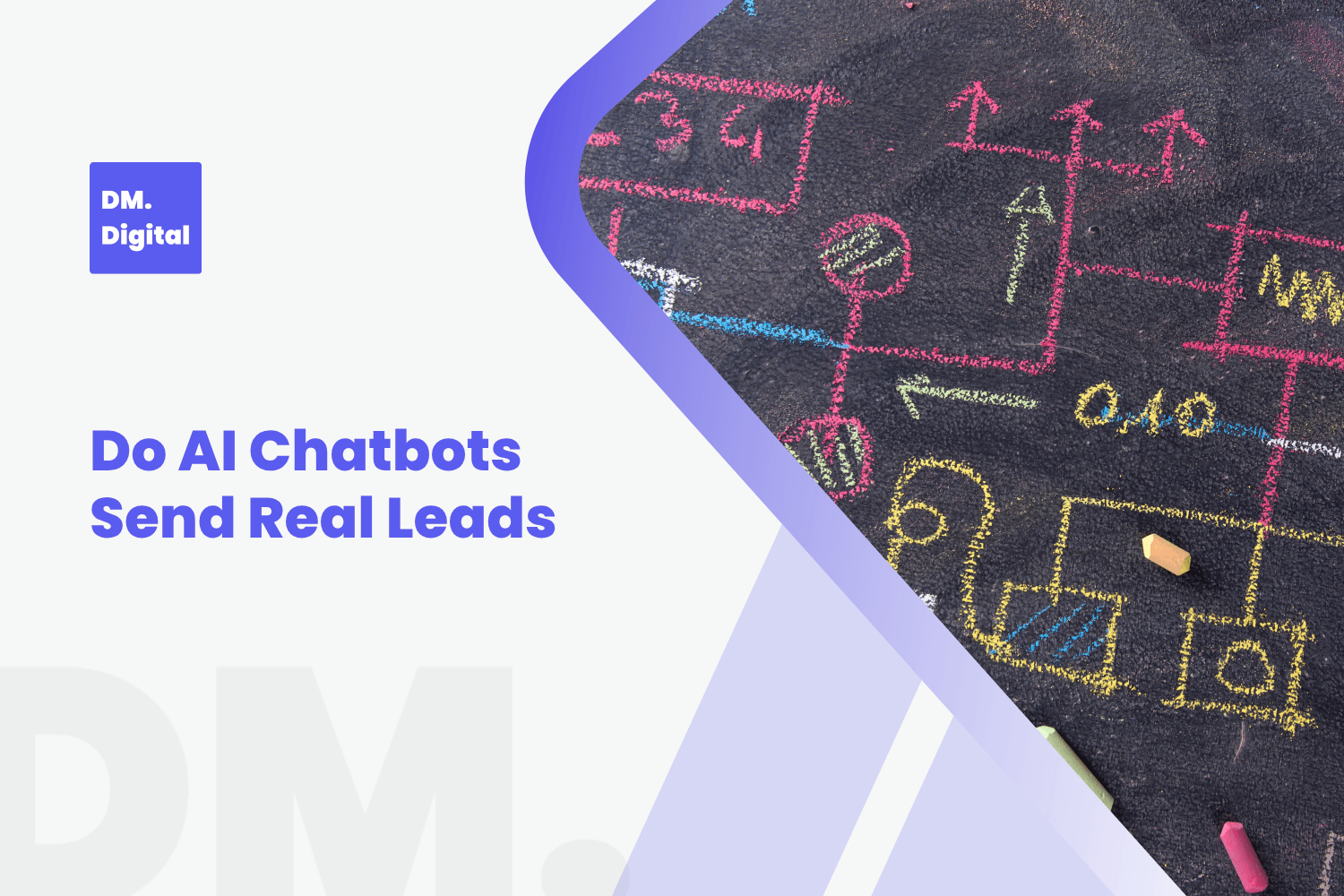 DM Digital article header asking do AI chatbots send real leads with chalk diagrams