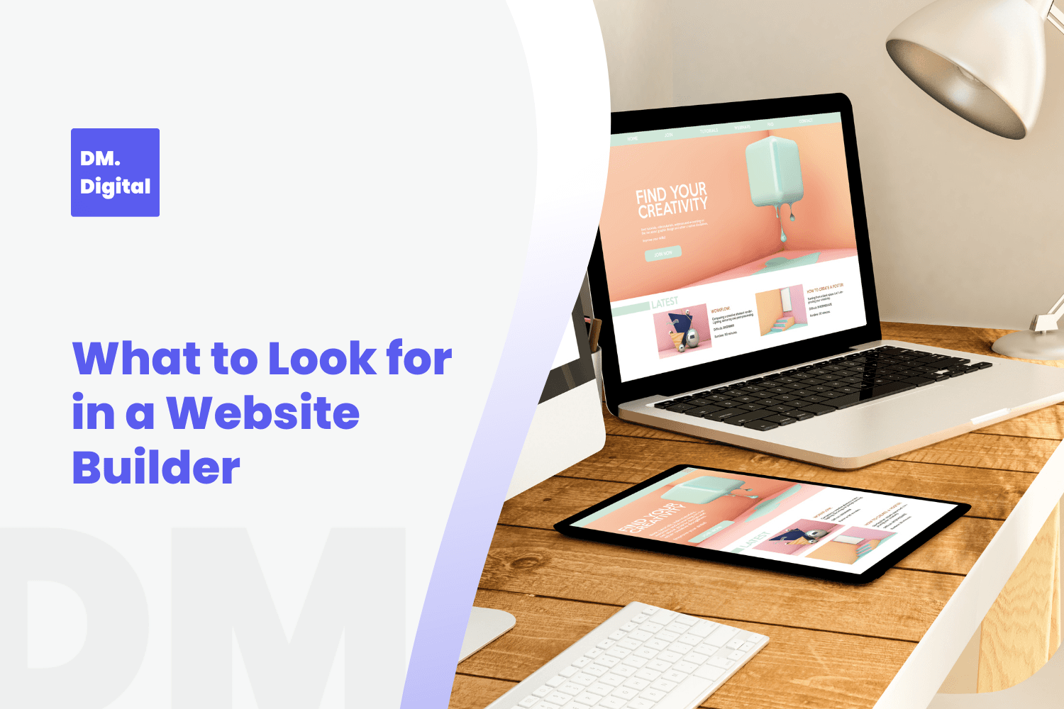Laptop and tablet displaying a colorful website builder interface on a wooden desk