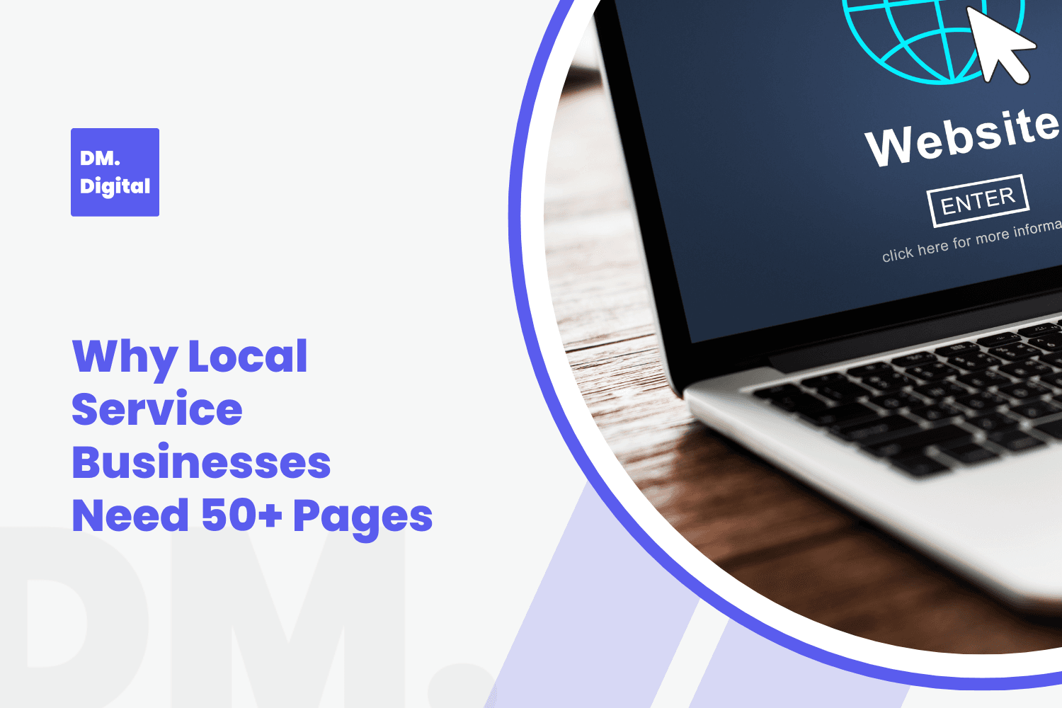 DM Digital branded graphic showing laptop with website enter button and 50+ pages text